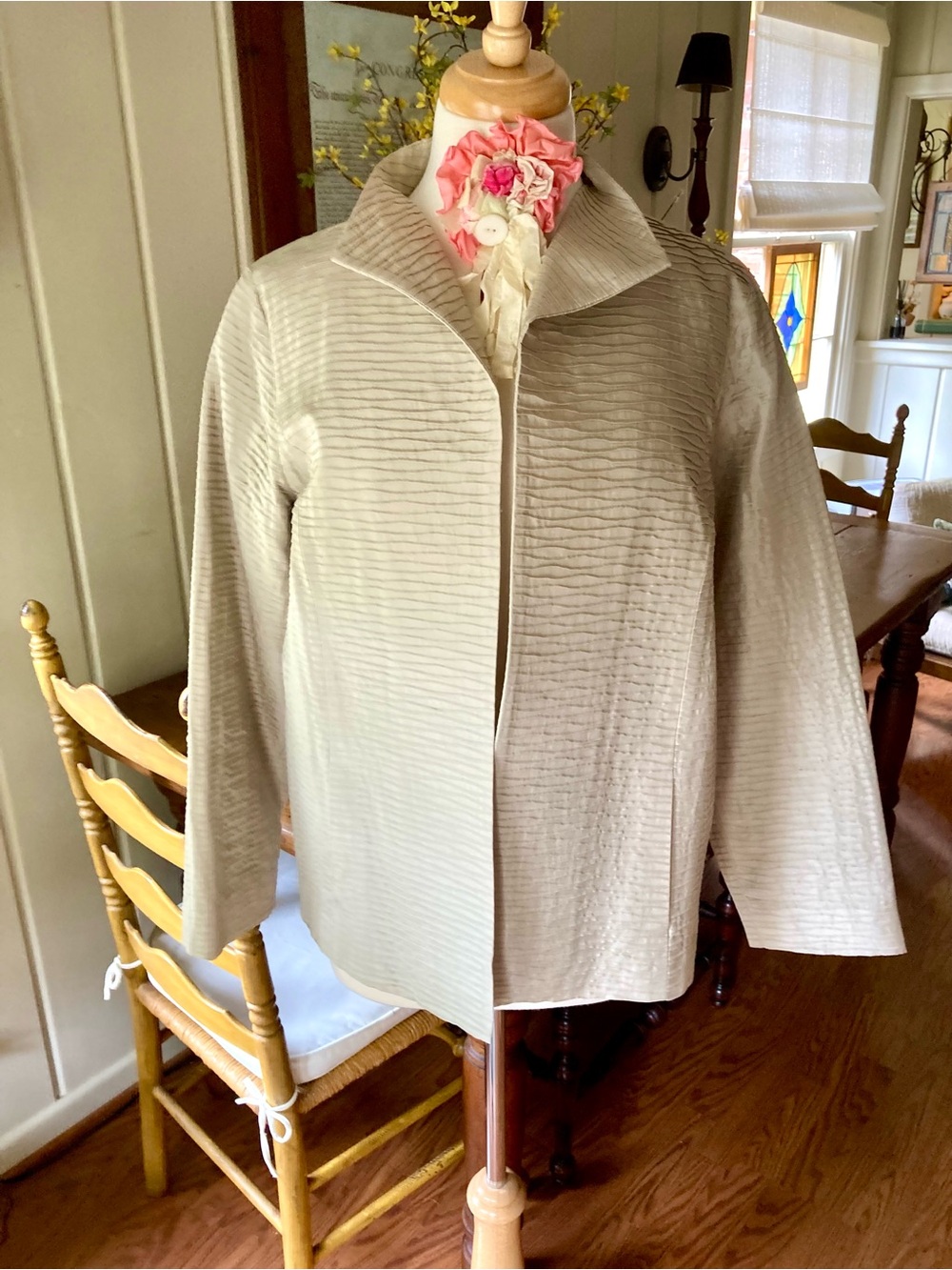 Eileen Fisher Light Beige Silk Textured Open-Front Jacket